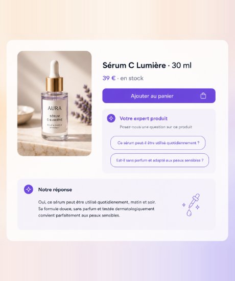 Fiche produit Sérum C Lumière avec la bulle « Votre expert produit » : questions suggérées et réponse de l'assistant